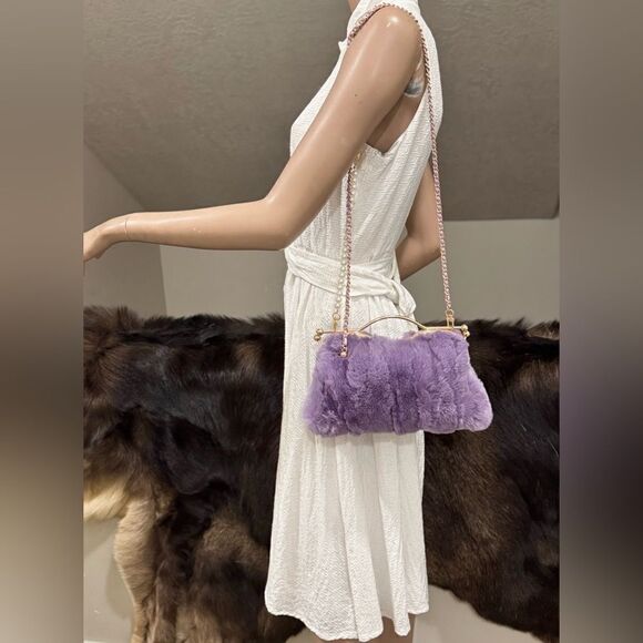 Lilac Handmade Real Rex Rabbit Fur Double Kisslock & Top Handle Purse/Crossbody - Picture 7 of 16